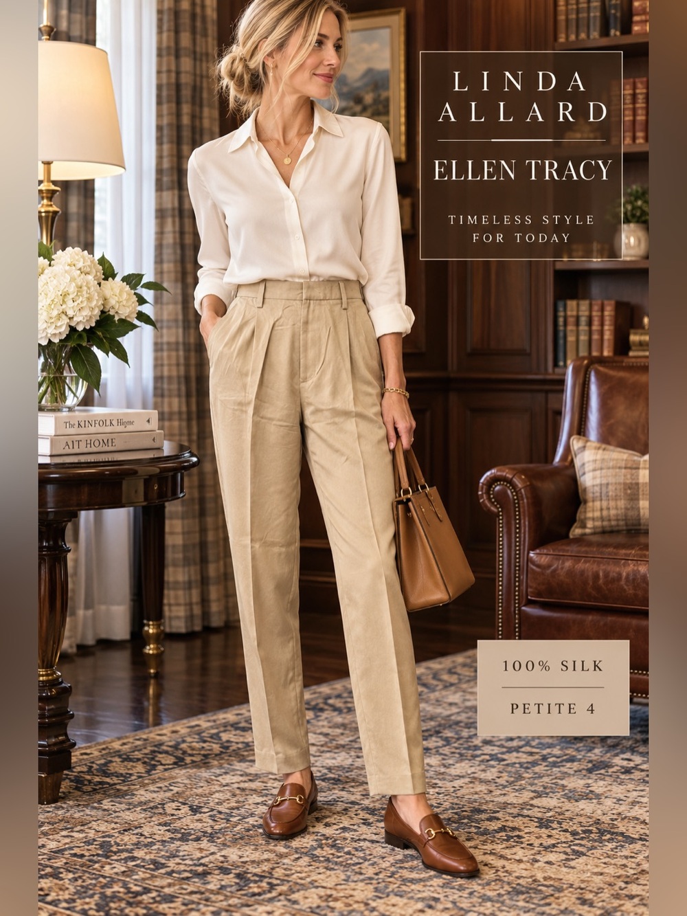Vintage Linda Allard Ellen Tracy Silk Trousers Petite 4 Tan Pleated High Rise